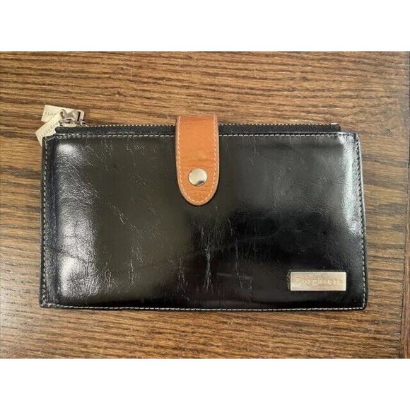 Borgasets Black Tan Leather Bifold Creditcard Holder Zipper Wallet - Picture 1 of 9